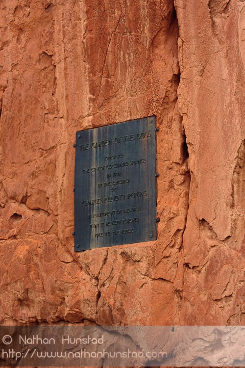The entrance plaque at Garden of the Gods Park in Colorado Springs, CO